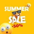 summer sale banner with smily faces in sunglasses and open-eyed with paper sticker text and discount