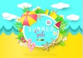 Summer Sale banner with Sweet Travel Vacation Elements. Paper Art. Tropical plants, pineapple, ice cream, cherry, orange, cocktail Royalty Free Stock Photo