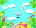 Summer Sale banner with Sweet Vacation Elements. Paper Art. Tropical plants, pineapple, ice cream, cherry, orange, cocktail, water Royalty Free Stock Photo