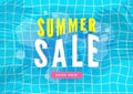 Summer sale banner. Swimming pool with palm leaves shadow top view background. Royalty Free Stock Photo