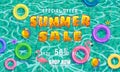 Summer Sale banner template background. Swimming tiled pool, blue water ocean, float swim rings, tropical, top view Royalty Free Stock Photo