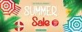 Summer sale banner template with beach umbrellas and tropical leaves background, for shopping sale. banner design. Poster, card, Royalty Free Stock Photo