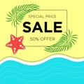 Summer Sale banner template design with aqua blue beach sea and sand with star icon. Big sale special offer. Special offer banner Royalty Free Stock Photo