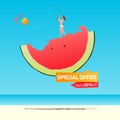 Summer sale banner template design. Girl fishing shopping bag on a half of watermelon. Vector