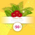 Summer sale banner template for online store. Poster with palm leaves. Voucher discount. Yellow tropical summer background with re Royalty Free Stock Photo