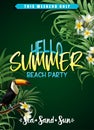 Summer sale banner template with tropical leaves and tukan bird