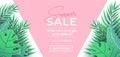 Summer sale banner in trendy style with pink and green tropical leaves for promotion of cosmetic, fashion, accessorize etc. Modern