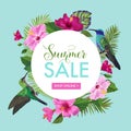 Summer Sale Banner with Tropical Flowers and Humming Birds. Floral Template for Promo, Discount Flyer, Voucher