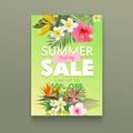 Summer Sale Banner with Tropical Flowers Plumeria, Hibiscus and Strelitzia with Palm Leaves, Floral Botanical Background