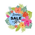 Summer sale banner with tropical leaves and flowers