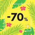 Summer sale banner with tropical leaves and fruit. Special offer, sale 70 off. Discount bright design with jungle palm Royalty Free Stock Photo