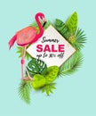 Summer sale banner with tropical leaves and pink flamingo
