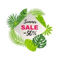 Summer sale banner with tropical leaves