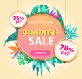 Summer Sale banner with tropical leaves and text. Colorful banner template. Hot season sale, end of season banner modern Royalty Free Stock Photo