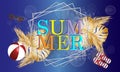 Summer sale banner Vector illustration, summer background with beach attributes and golden tropical foliage. - Account image