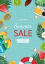 Summer sale banner vector illustration. Summer elements in colorful backgrounds. Royalty Free Stock Photo