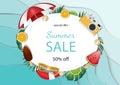 Summer sale banner vector illustration. Summer elements in colorful backgrounds. Royalty Free Stock Photo