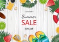 Summer sale banner vector illustration. Summer elements in colorful backgrounds. Royalty Free Stock Photo