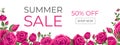 The Summer sale banner. Vector illustration with roses and text: Summer sale, 50 off, shop now. Horizontal concept for a poster, Royalty Free Stock Photo