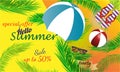 Summer sale banner Vector illustration, summer background with attributes of the beach and tropical foliage. Hello