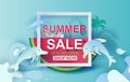 Summer Sale Banner With Watermelon.Special Offer Creative design paper cut and craft for card and poster colorful. Holiday woman