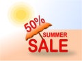 Summer Sale 50% banner with sun and beach umbrella