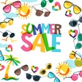 Summer sale banners with colorful hand drawn sunglasses, palms and sun. Royalty Free Stock Photo