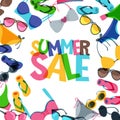 Summer sale banners with colorful hand drawn sunglasses, swimsuits and flip flops. Royalty Free Stock Photo