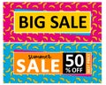 Set of 2 Big Sale Vector Banners. Abstract Vector Sale Illustrations with Yellow Banana Pink and Blue Background.