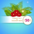 Summer sale, blue discount web banner with 50% off text, palm leaves, red flowers and sun. Royalty Free Stock Photo