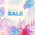 Summer sale bright poster with palm leaves on background Royalty Free Stock Photo