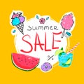 Summer Sale calligraphy with watermelon, donut, ice-cream, cocktail and candyfloss. Vector illustration.