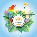 Summer sale card with cockatoo and scarlet macaw on tropical leaf flowers paper cut background.