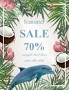 Summer sale card with palm tree, coconuts, dolphin Vector Royalty Free Stock Photo