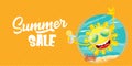 Summer sale cartoon horizontal web banner or vector label with happy sun character wearing sunglasses and holding Royalty Free Stock Photo