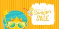 Summer sale cartoon horizontal web banner or vector label with happy sun character wearing sunglasses and holding Royalty Free Stock Photo