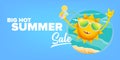 summer sale cartoon horizontal web banner or vector label with happy sun character wearing sunglasses and holding Royalty Free Stock Photo