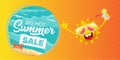 Summer sale cartoon horizontal web banner or vector label with happy sun character wearing sunglasses and holding Royalty Free Stock Photo