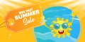 Summer sale cartoon horizontal web banner or vector label with happy sun character wearing sunglasses and holding Royalty Free Stock Photo