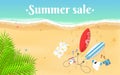 Summer Sale. Cartoon sea beach. Top view of the beach. Accessories, clothes and surfboards on a sandy beach. White text on the wat