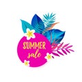 SUMMER SALE cartoon speech bubble with realistic tropical palm leaves and frangipani flowers.