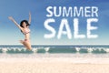 Summer sale clouds and jumping woman 1 Royalty Free Stock Photo