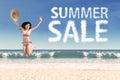 Summer sale clouds and jumping woman Royalty Free Stock Photo