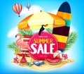 Summer Sale in Cloudy Blue Background with Realistic Toucan, Flamingo, Watermelon, Slippers