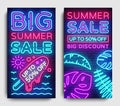 Summer Sale collection vertical banners design template vector. Neon sign, modern trend design, neon style webbanner