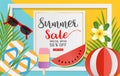 Summer sale concept banner for discount promotion. Colorful sandals, coconut leaves, sunglasses, icecream, beach football and Royalty Free Stock Photo