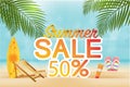 Summer sale discount End of season banner on location beautiful beach background. Royalty Free Stock Photo