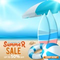 Summer sale discount End of season banner on location beautiful beach background. vector illustration Royalty Free Stock Photo