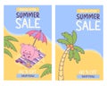 Summer sale discount posters. Happy smiling pig sunbathing resting under parasol and palm on beach. Funny relaxing Royalty Free Stock Photo