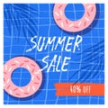 Summer sale flat vector banner template. Doughnuts with icing 40 percent discount promo on blue checked background